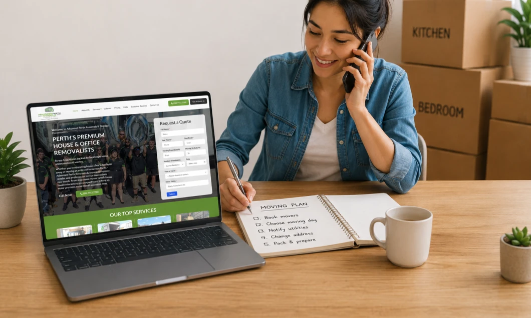 Woman on a call at a desk with a laptop showing a moving services website, jotting notes from a Moving Plan checklist beside packed boxes labeled Kitchen and Bedroom, plants nearby.