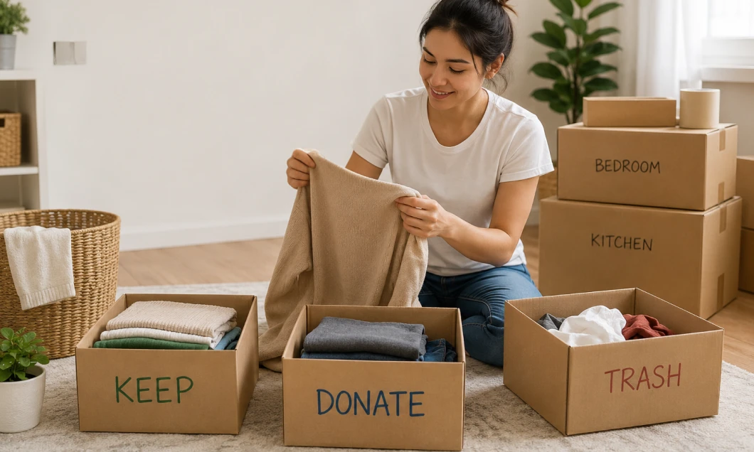 Woman sitting on the floor sorting laundry into labeled boxes: KEEP, DONATE, TRASH, with moving boxes labeled BEDROOM and KITCHEN nearby.