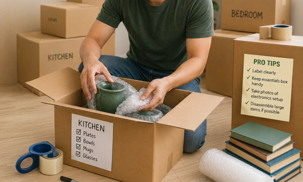 Person packing a ceramic mug into a cardboard box with bubble wrap, labeled kitchen items nearby.