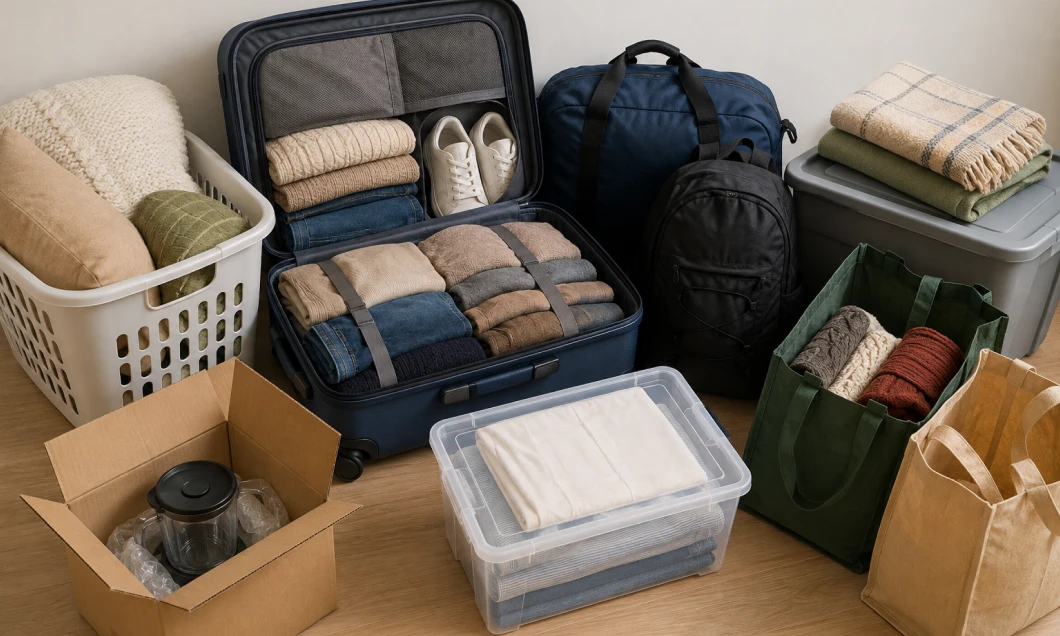 Luggage and bags packed for travel: a blue suitcase opened with clothes and shoes neatly organized inside and nearby storage boxes and totes.